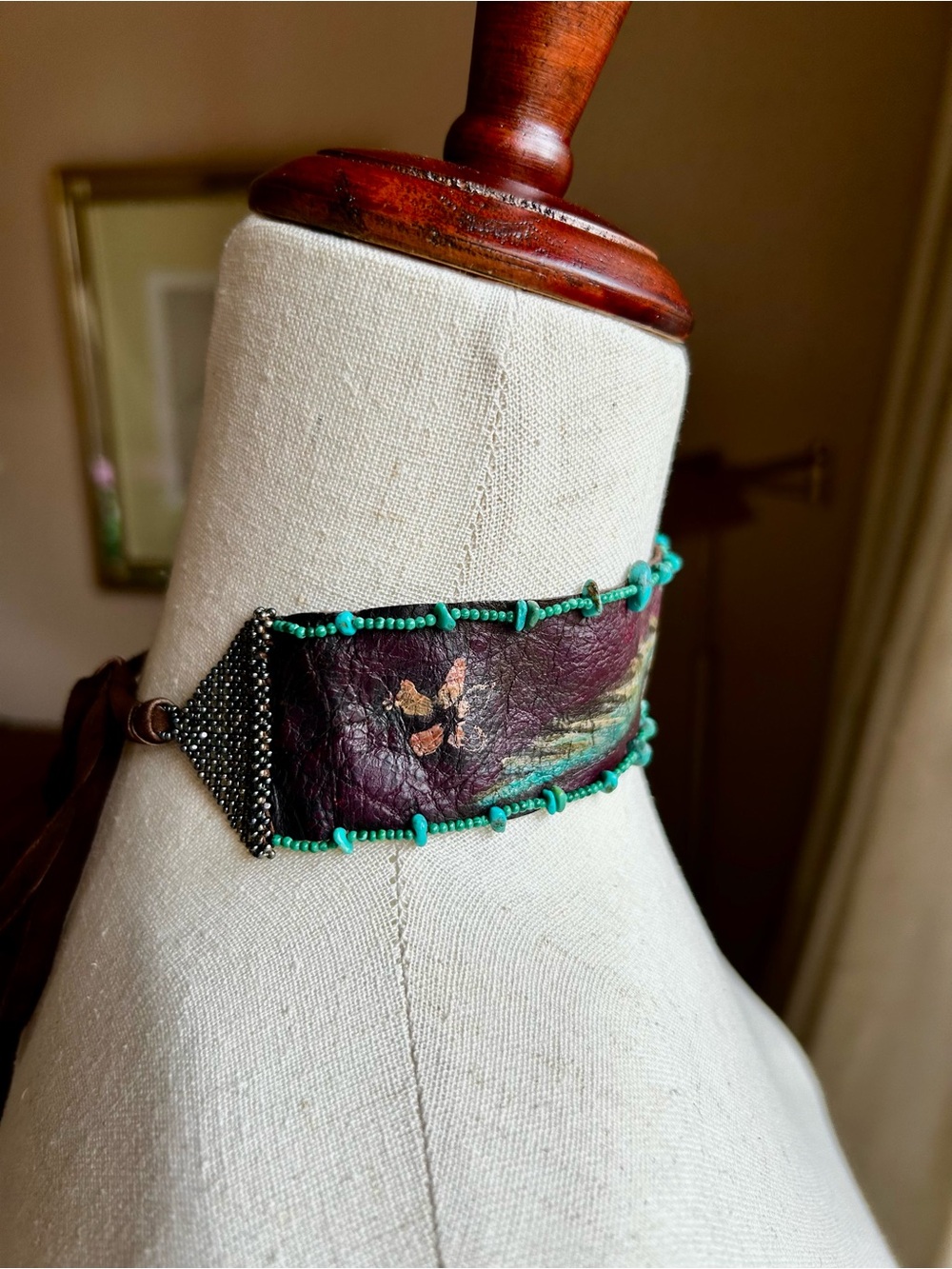 Vintage 1990’s Leather Hand-Painted Hand-Made Choker with Turquoise Beads - Picture 6 of 8